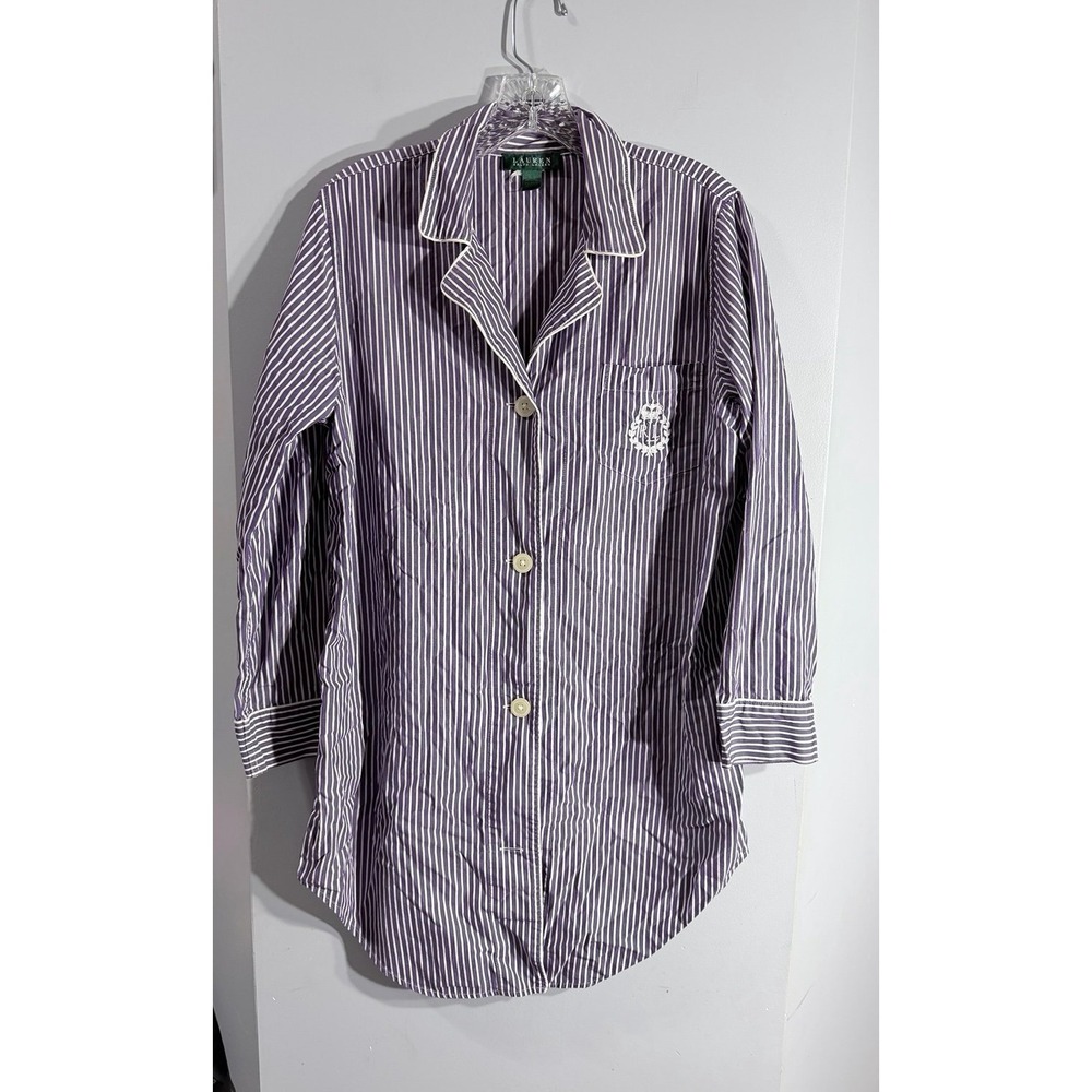 Ralph Lauren purple white striped long sleep shirt pocket logo small medium
